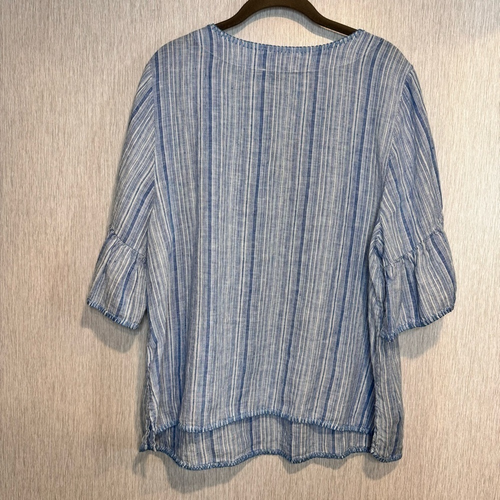Tahari 100% Linen Blue Stripe Split Neck Tunic Top Ruffle Short Sleeves Small - Picture 5 of 5